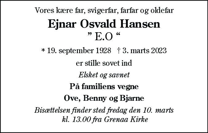 Dødsannonce for Ejnar Osvald Hansen
