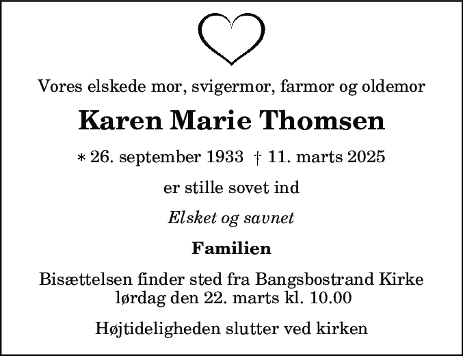 Dødsannonce for Karen Marie Thomsen