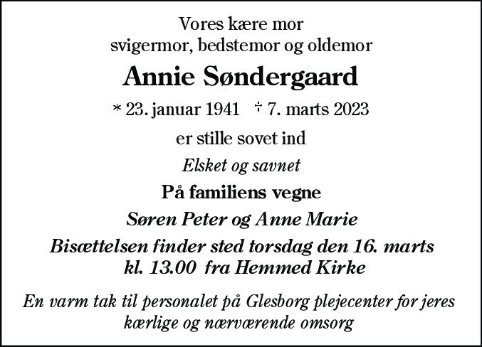 Dødsannonce for Annie Søndergaard