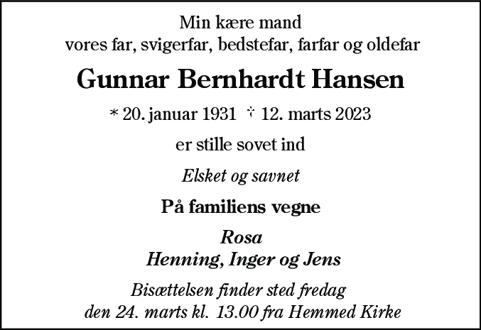 Dødsannonce for Gunnar Bernhardt Hansen