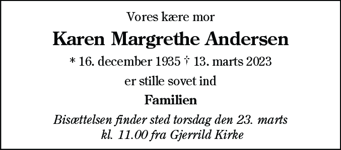 Dødsannonce for Karen Margrethe Andersen