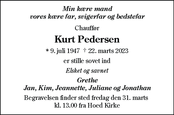 Dødsannonce for Kurt Pedersen