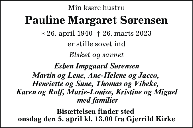 Dødsannonce for Pauline Margaret Sørensen