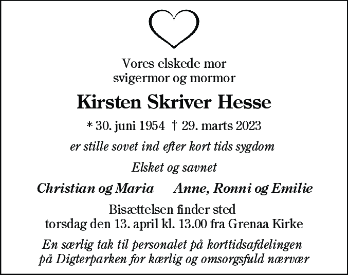 Dødsannonce for Kirsten Skriver Jensen