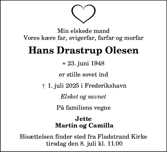Dødsannonce for Hans Drastrup Olesen