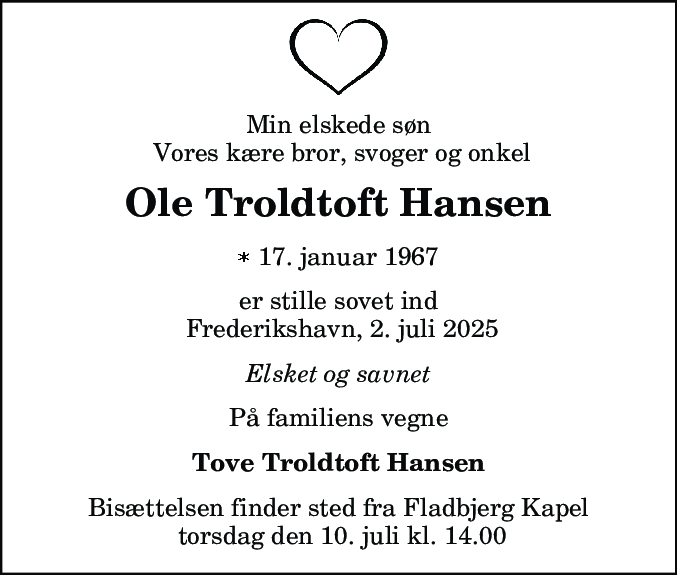 Dødsannonce for Ole Troldtoft Hansen