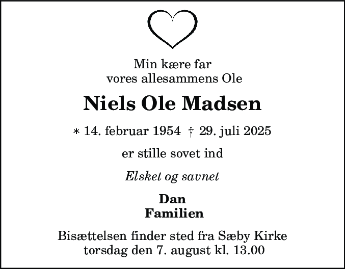 Dødsannonce for Niels Ole Madsen
