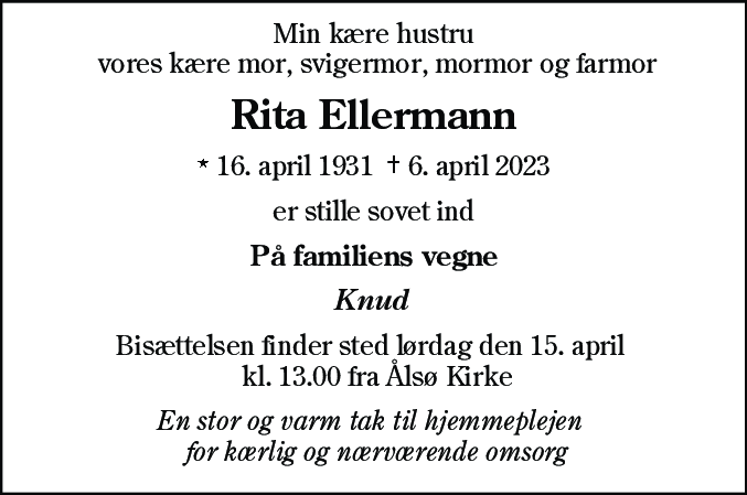 Dødsannonce for Rita Ellermann