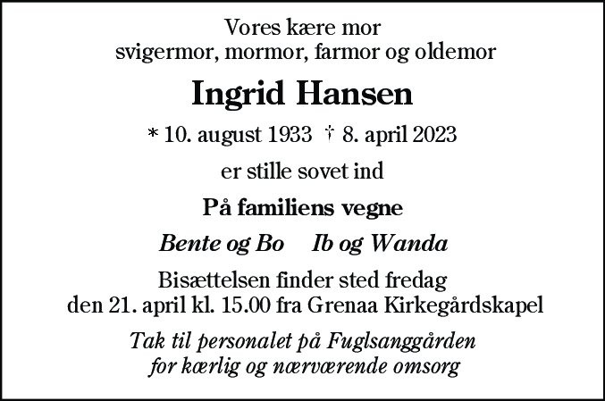 Dødsannonce for Ingrid Hansen