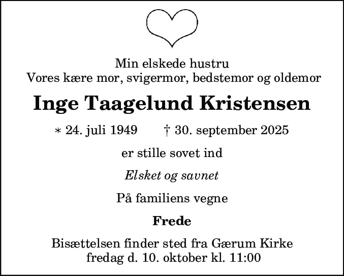 Dødsannonce for Inge Taagelund Kristensen