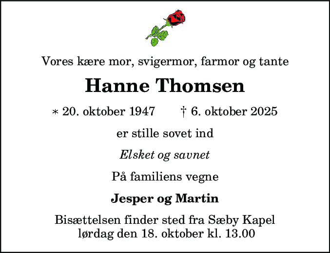Dødsannonce for Hanne Thomsen