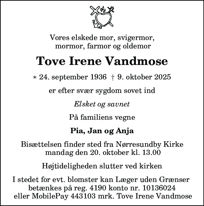 Dødsannonce for Tove Irene Vandmose