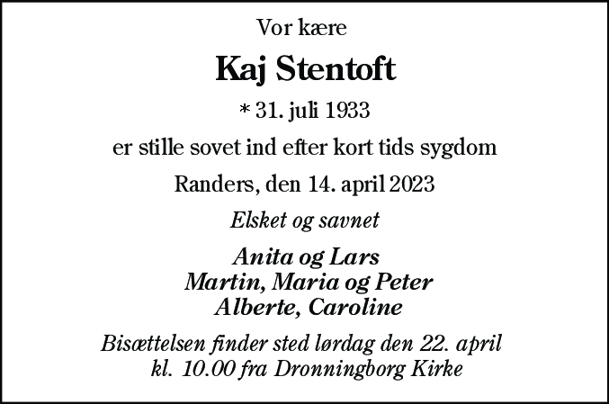 Dødsannonce for Kaj Stentoft