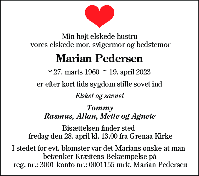Dødsannonce for Marian Pedersen