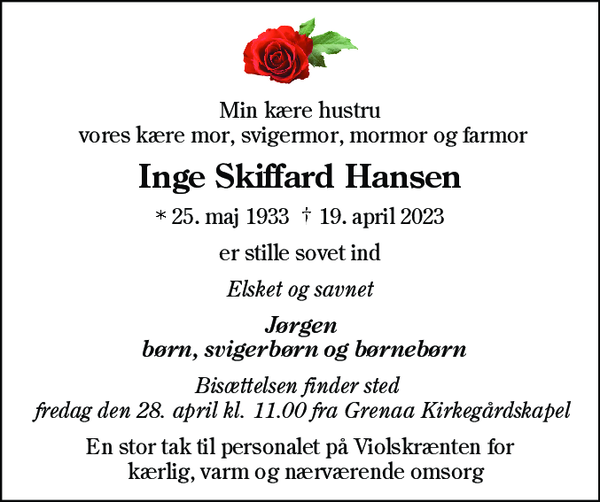 Dødsannonce for Inge Skiffard Hansen