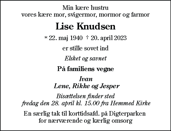 Dødsannonce for Lise Knudsen