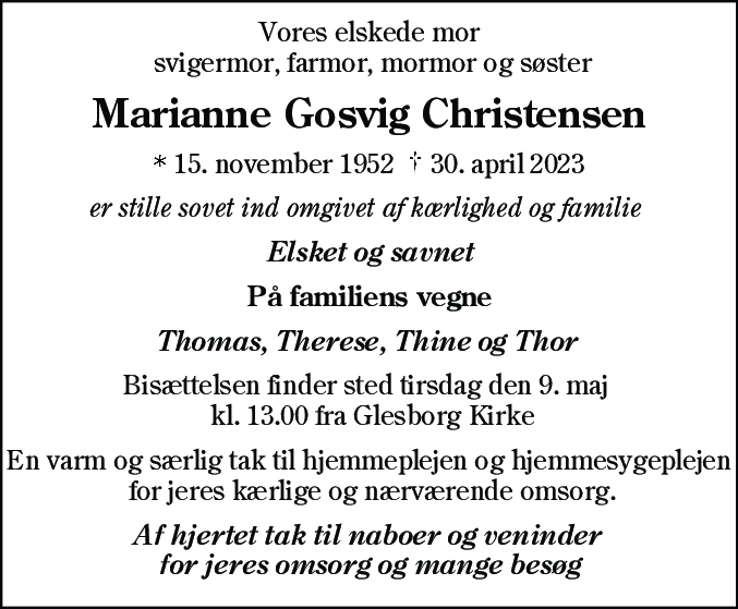 Dødsannonce for Marianne Gosvig Christensen