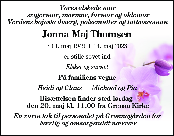 Dødsannonce for Jonna Maj Thomsen