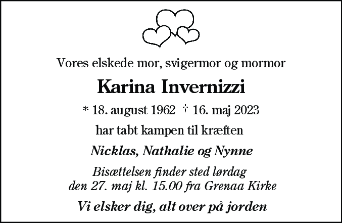 Dødsannonce for Karina Invernizzi