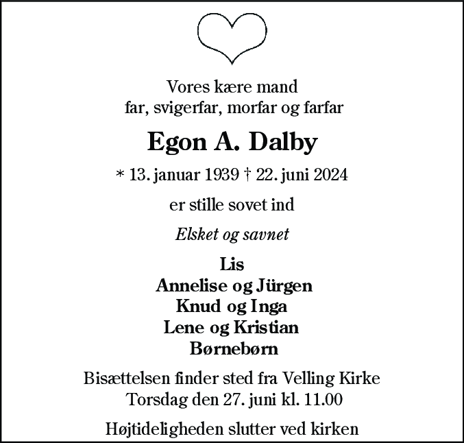 Dødsannonce for Egon A. Dalby