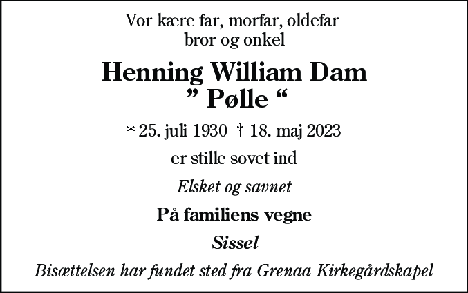 Dødsannonce for Henning William Dam