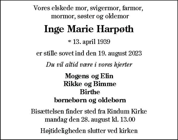 Dødsannonce for Inge Marie Harpøth