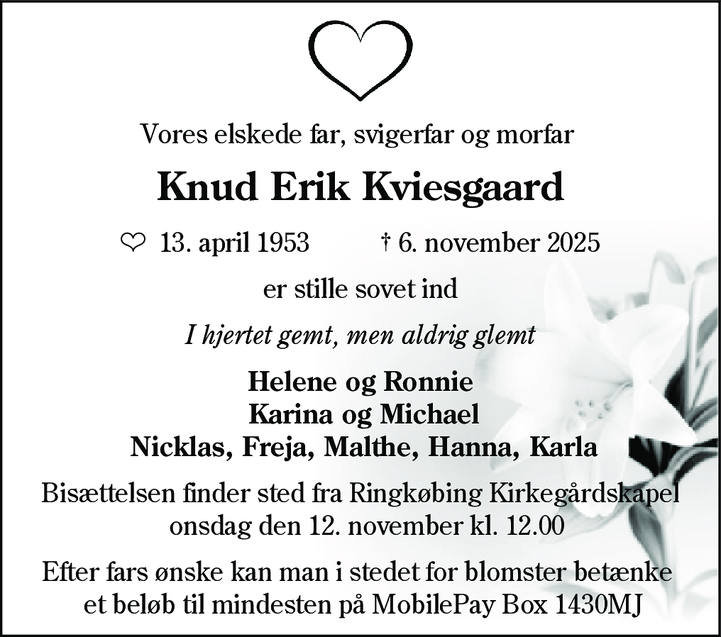 Dødsannonce for Knud Erik Kviesgaard