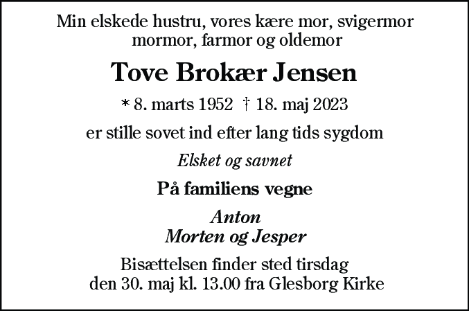 Dødsannonce for Tove Brokær Jensen