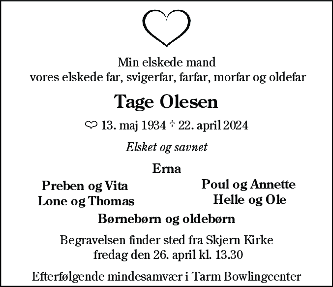 Dødsannonce for Tage Olesen