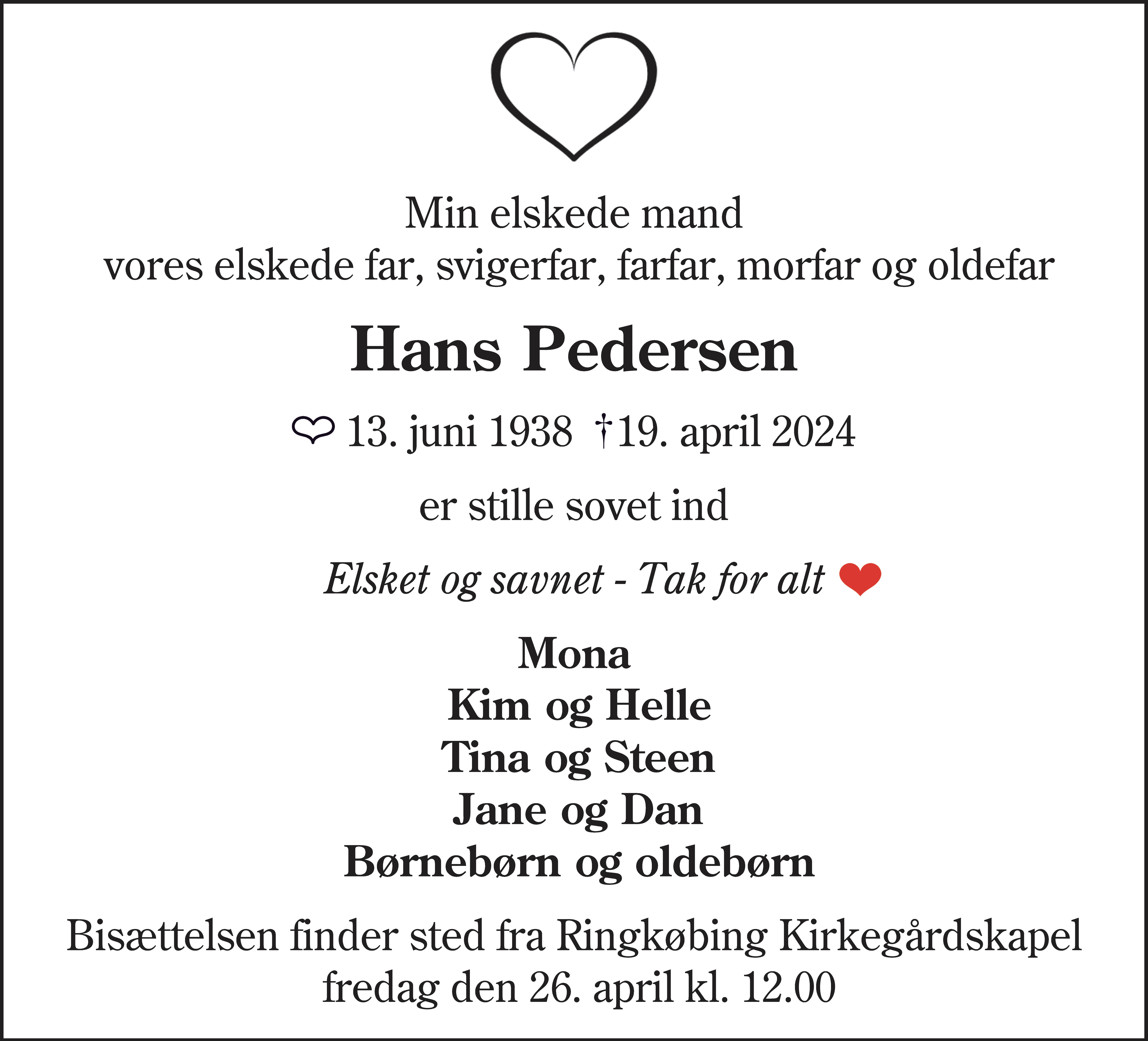 Dødsannonce for Hans Pedersen