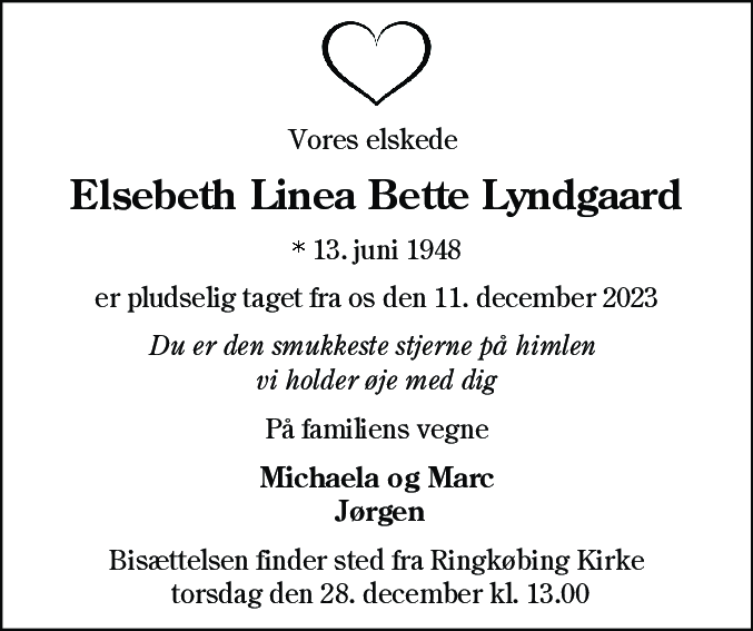 Dødsannonce for Elsebeth Linea Bette Lyndgaard