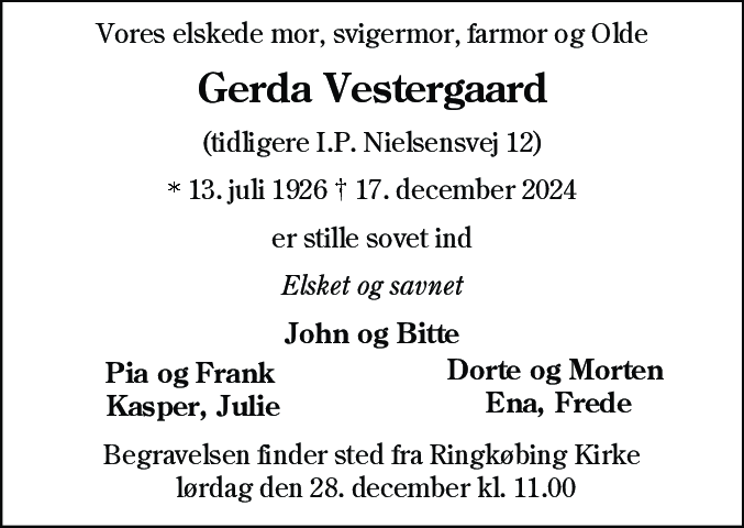 Dødsannonce for Gerda Vestergaard