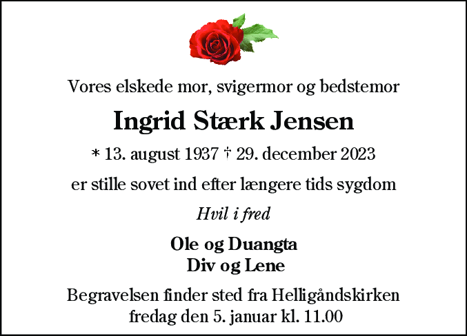 Dødsannonce for Ingrid Stærk Jensen