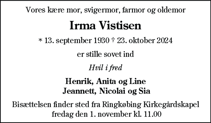 Dødsannonce for Irma Vistisen