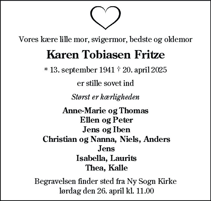 Dødsannonce for Karen Tobiasen Fritze