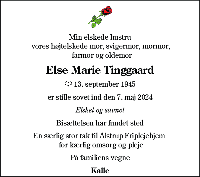 Dødsannonce for Else Marie Tinggaard