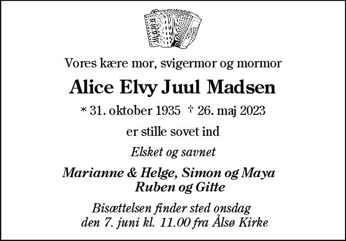 Dødsannonce for Alice Elvy Madsen
