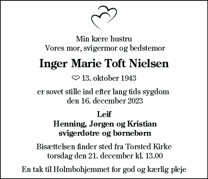 Dødsannonce for Inger Marie Toft Nielsen