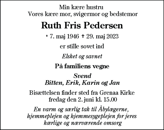 Dødsannonce for Ruth Fris Pedersen