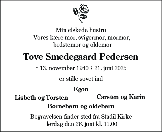 Dødsannonce for Tove Smedegaard Pedersen