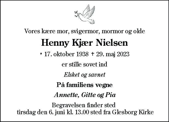 Dødsannonce for Henny Solveig Kjær Nielsen
