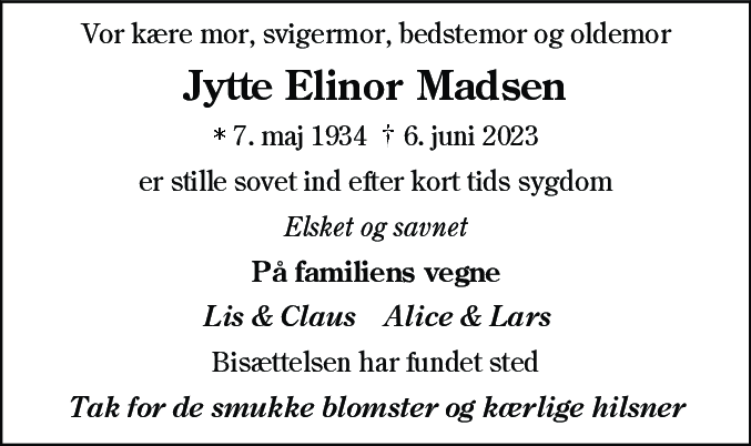 Dødsannonce for Jytte Elinor Madsen