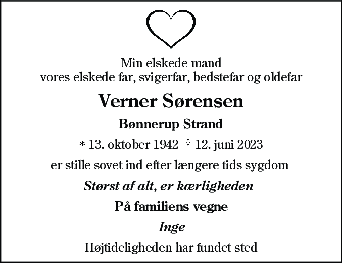 Dødsannonce for Verner Sørensen