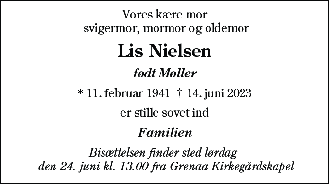 Dødsannonce for Lis Nielsen