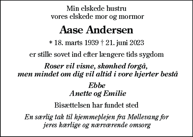 Dødsannonce for Aase Andersen