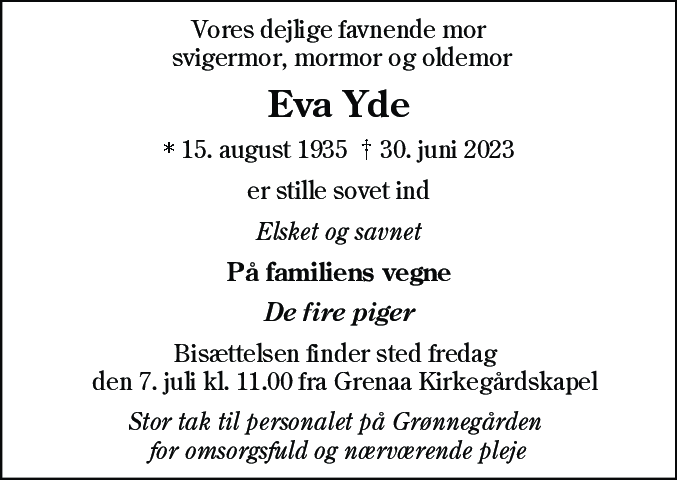 Dødsannonce for Eva Yde