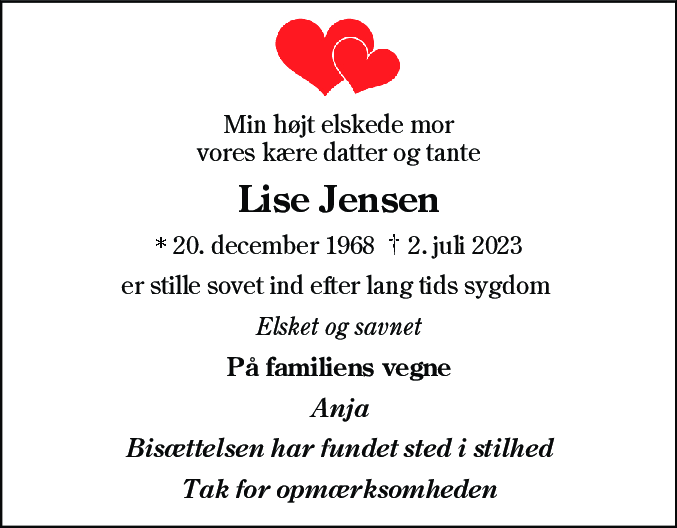 Dødsannonce for Lise Jensen