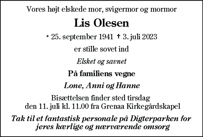 Dødsannonce for Lis Olesen