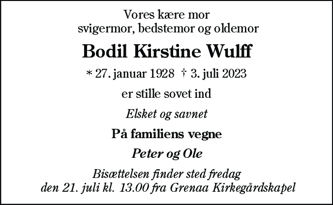 Dødsannonce for Bodil Kirstine Wulff