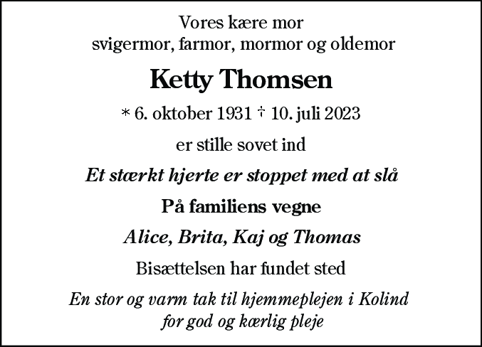 Dødsannonce for Ketty Thomsen